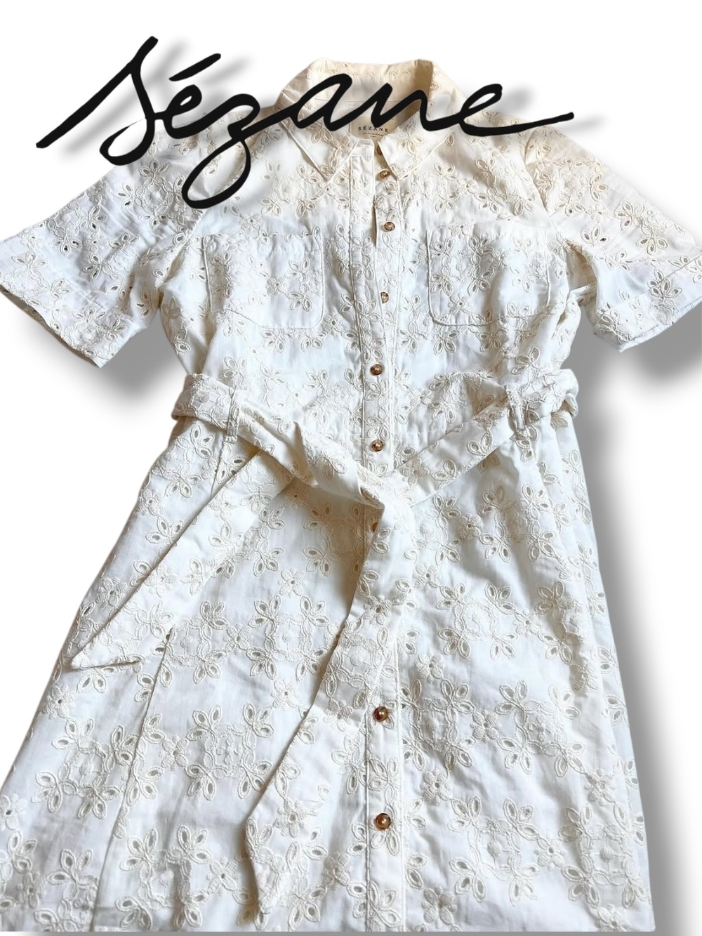 Sézane Adele Dress Embroidered Eyelet Organic Cotton Shirt Midi Dress FR46 US 14 - Picture 2 of 14